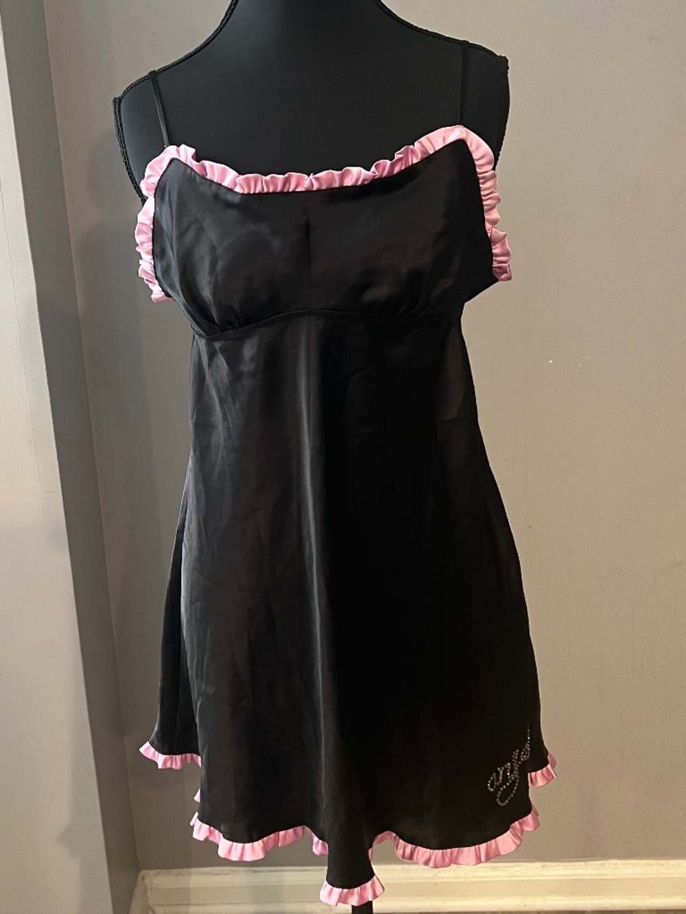Victoria's Secret Black and Pink Angel Satin Slip Dress Size XS